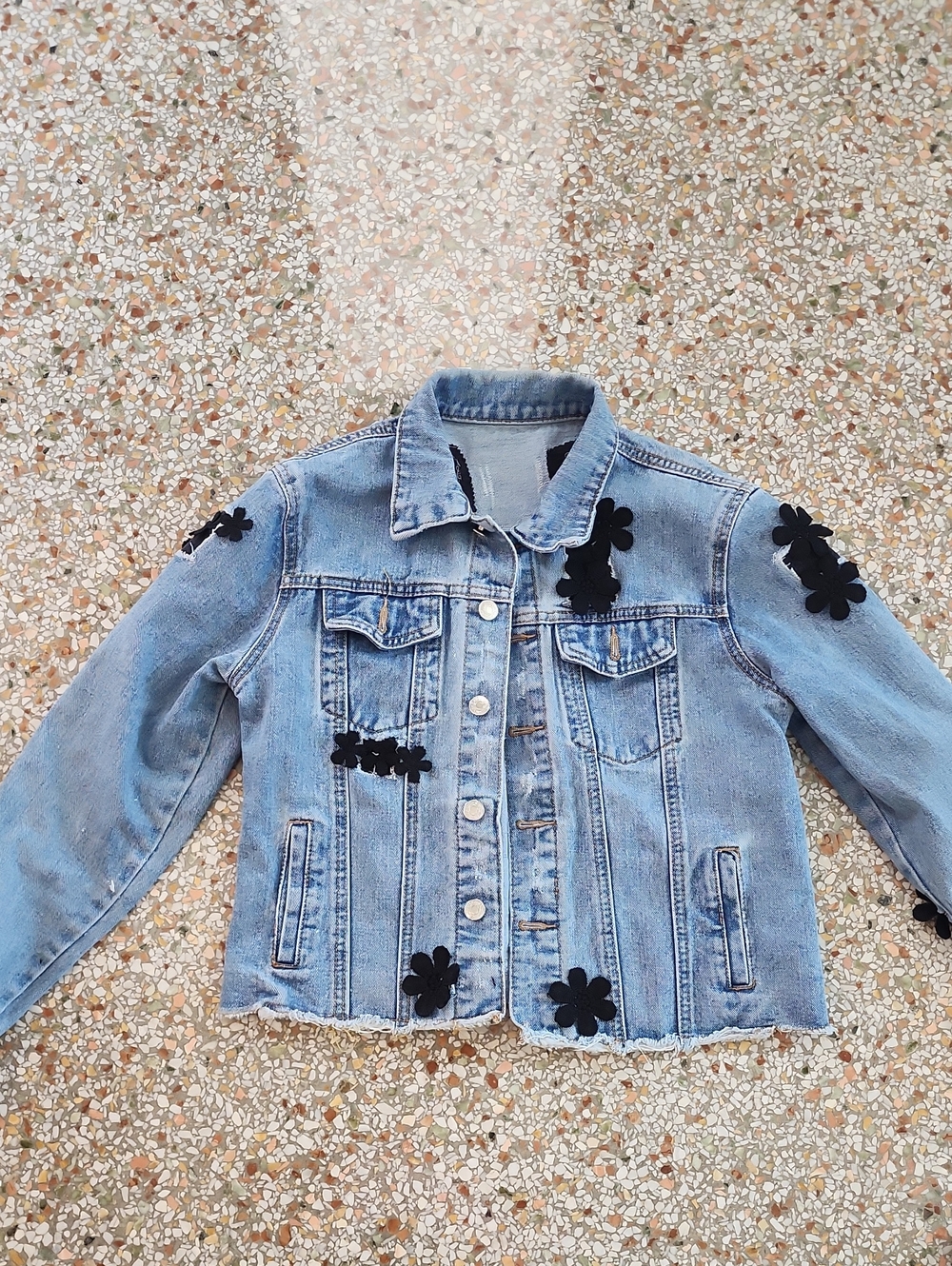 Light Blue Denim Jean Jacket with Black Floral Appliqués - Women